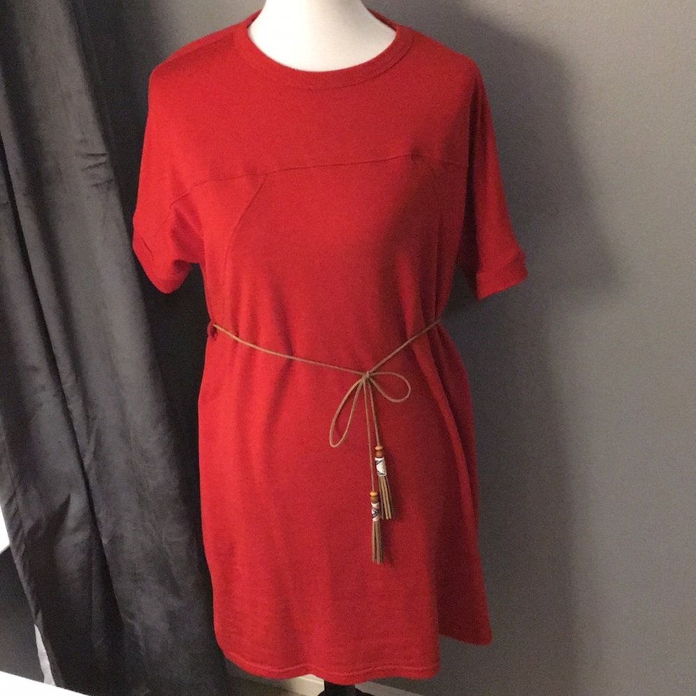 Adorable Fall Red Short Sleeve Dress Leather Belt